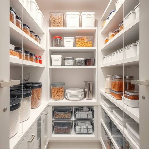A meticulously organized pantry demonstrating linear alignment of food containers.