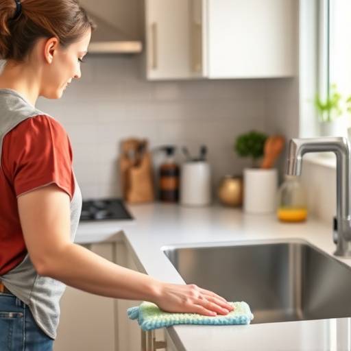 A person performing a quick weekly kitchen reset routine.