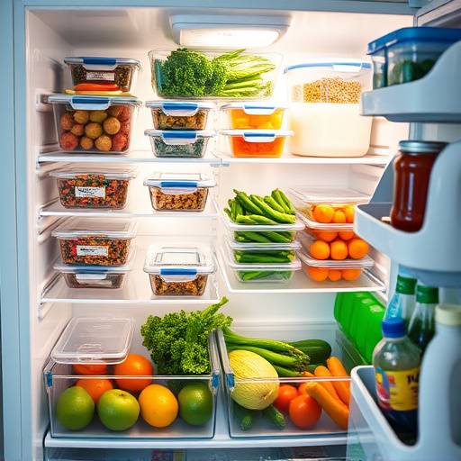 After: A well-organized refrigerator with clear containers, labeled shelves, and fresh produce visible.