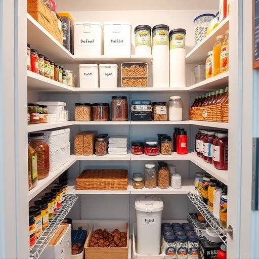 After: The pantry neatly arranged with labeled containers and categorized shelves.
