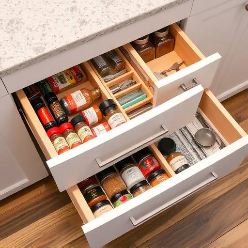 Aligned kitchen drawers showcasing organized spices and utensils.