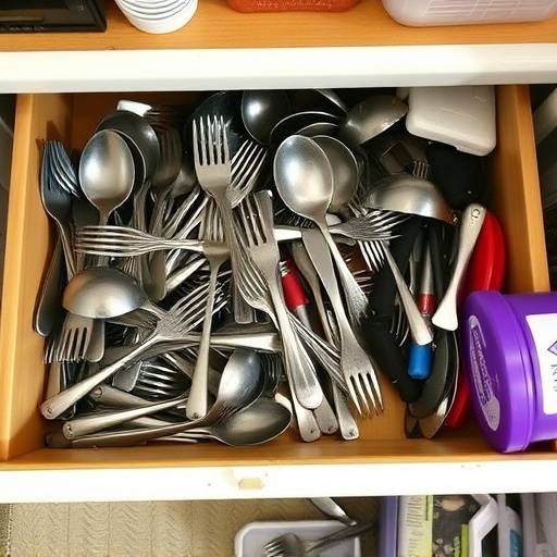 Before: Drawers filled with tangled utensils and mismatched containers.