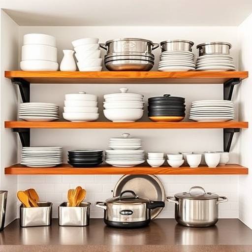 Kitchen shelves with balanced arrangements of cookware and dishes.